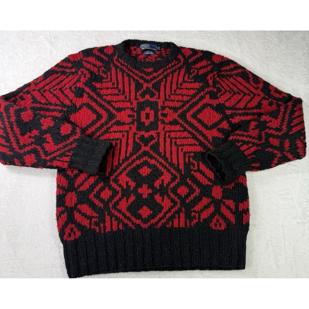 Polo Ralph Lauren Sweater Mens M Red Geometric Hand Knit Wool Pullover Vintage